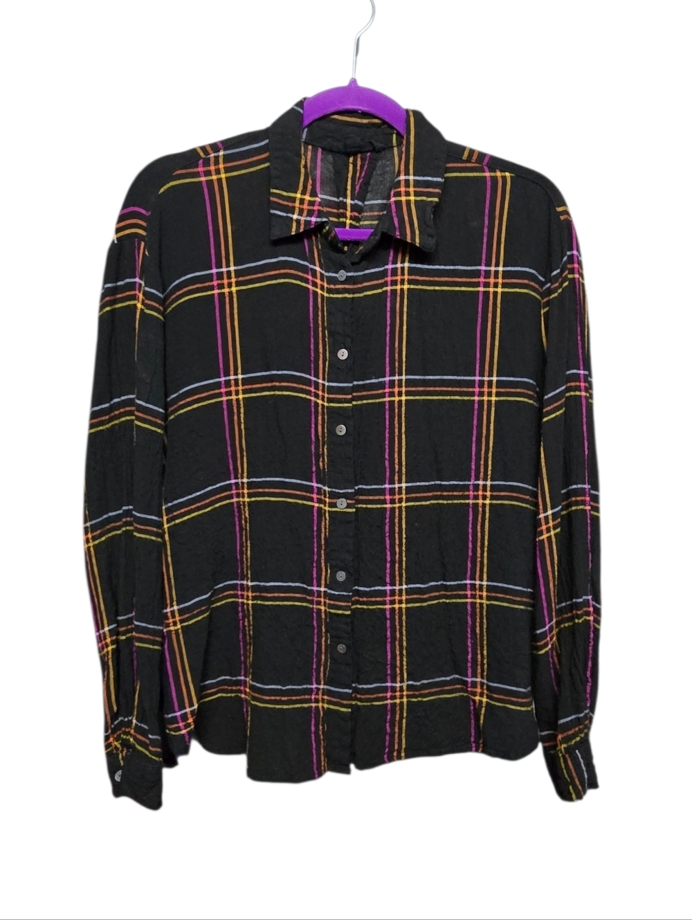 Jane+Delancey Relaxed Fit Plaid Print Button-Down Sz S Black 20" PTP 24" Length
